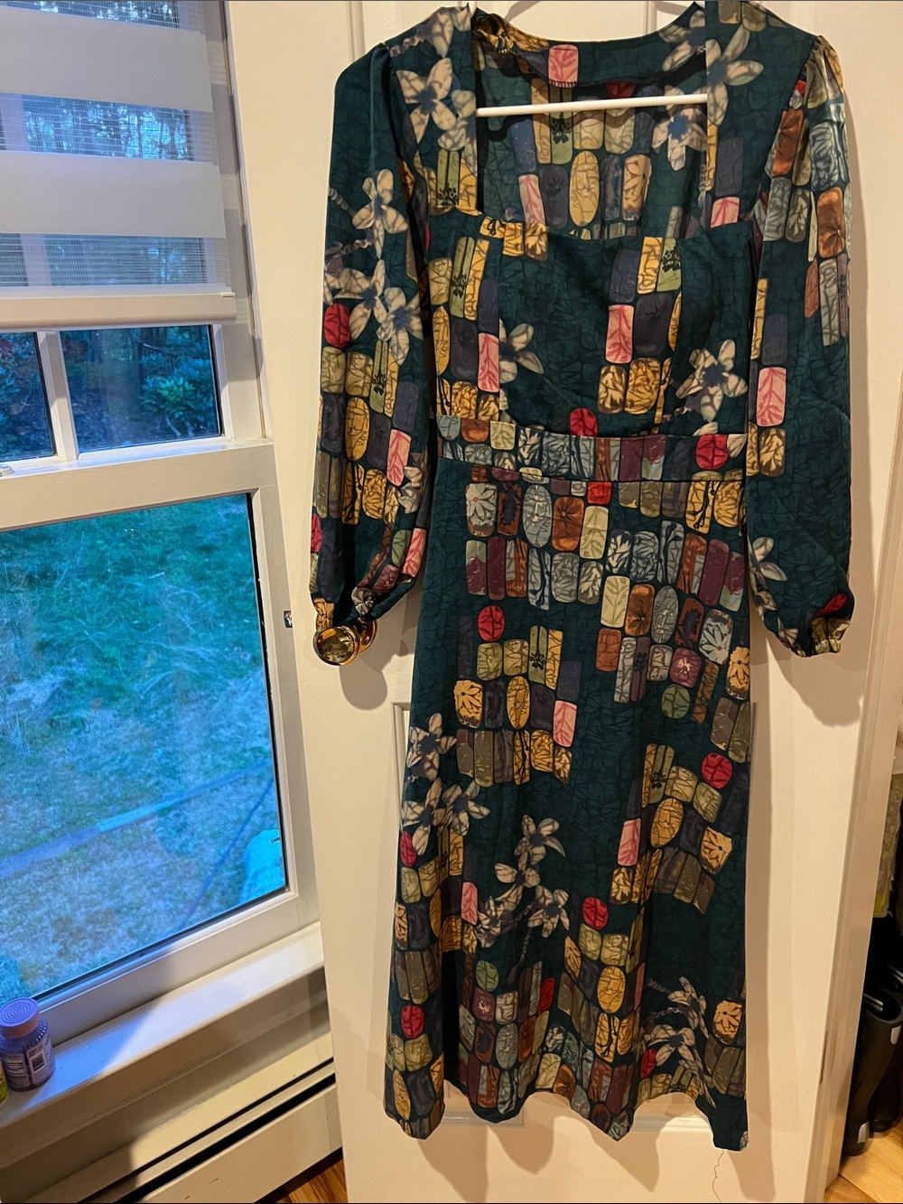 Printed Teal Midi Dress with Floral & Geometric Panels